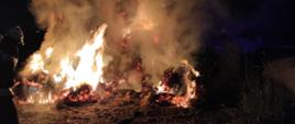Zdjęcie przedstawia palące się baloty słomy. Widać płomienie oraz dym.