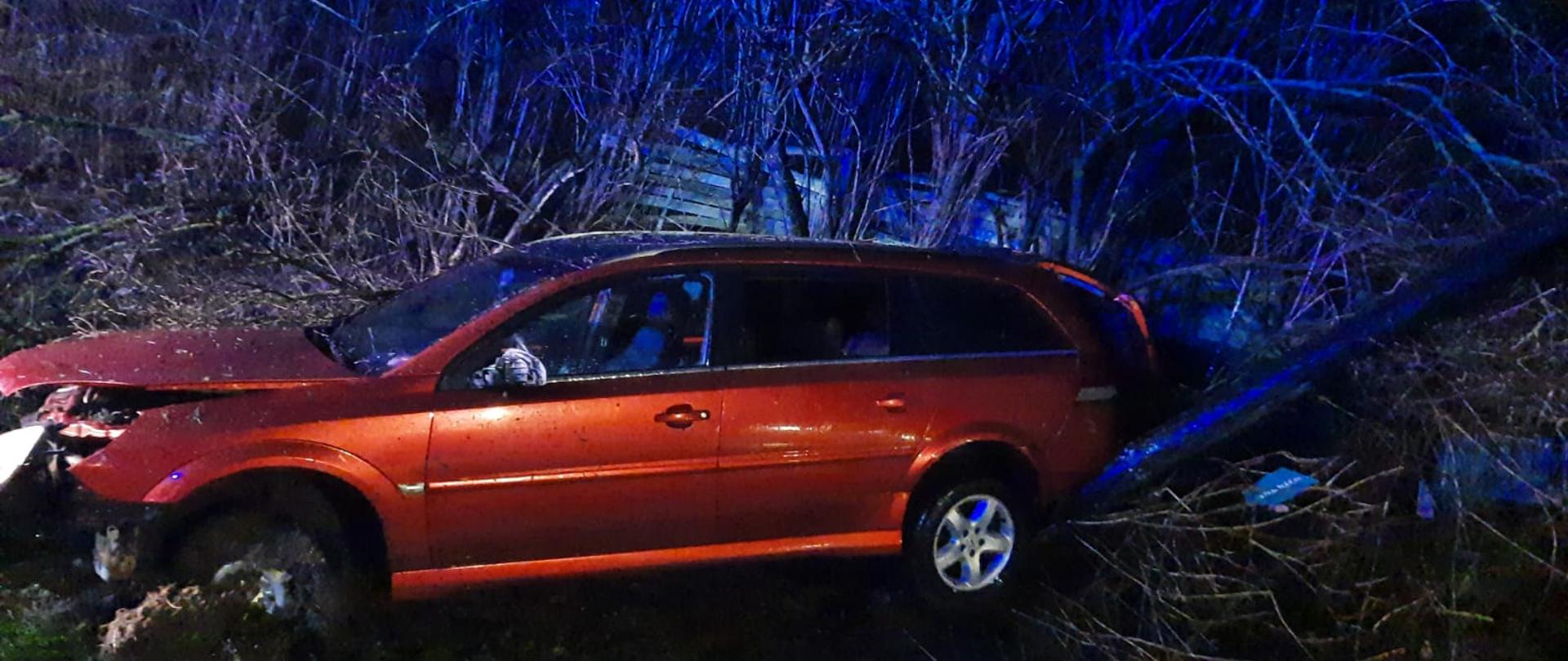 Widać samochód osobowy od strony kierowcy z uszkodzonym przodem oraz kilka drzew w tle, pojazd jest w rowie