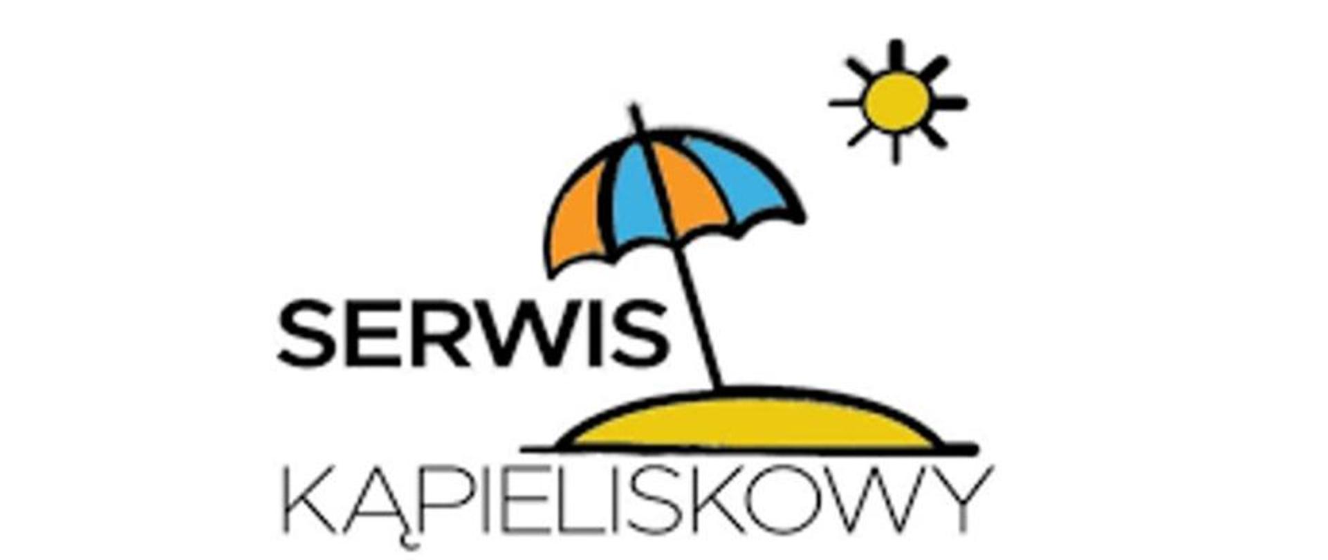 napis Serwis kąpieliskowy, grafika - słońce i parasol przeciwsłoneczny wbity w piaskową wyspę