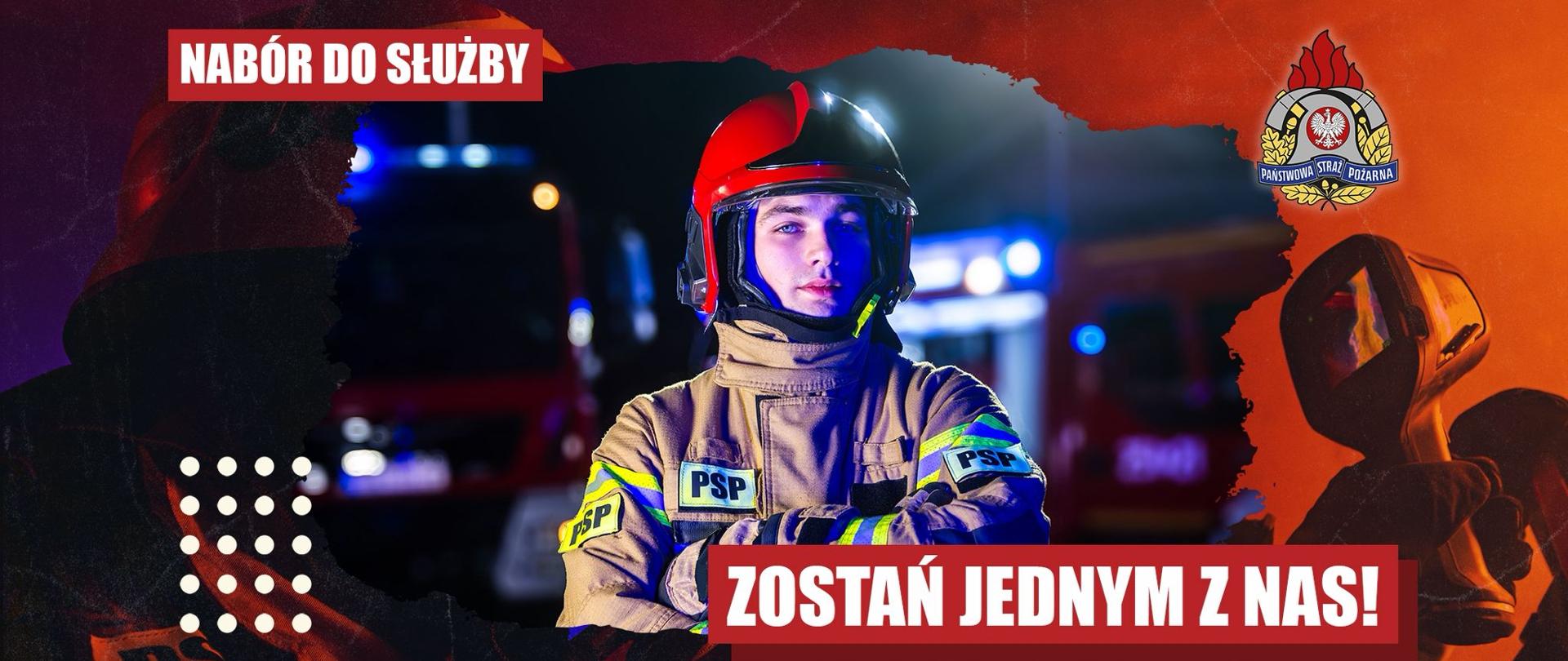 Grafika przedstawiająca strażaka w ubraniu specjalnym i w hełmie.