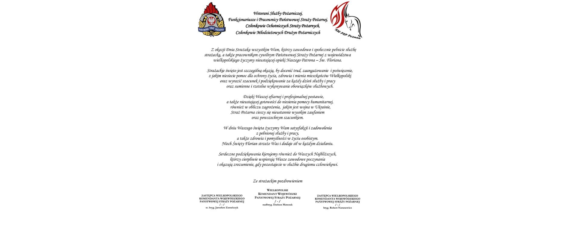 ŻYCZENIA WIELKOPOLSKIEGO KOMENDANTA WOJEWÓDZKIEGO PSP Z OKAZJI DNIA STRAŻAKA