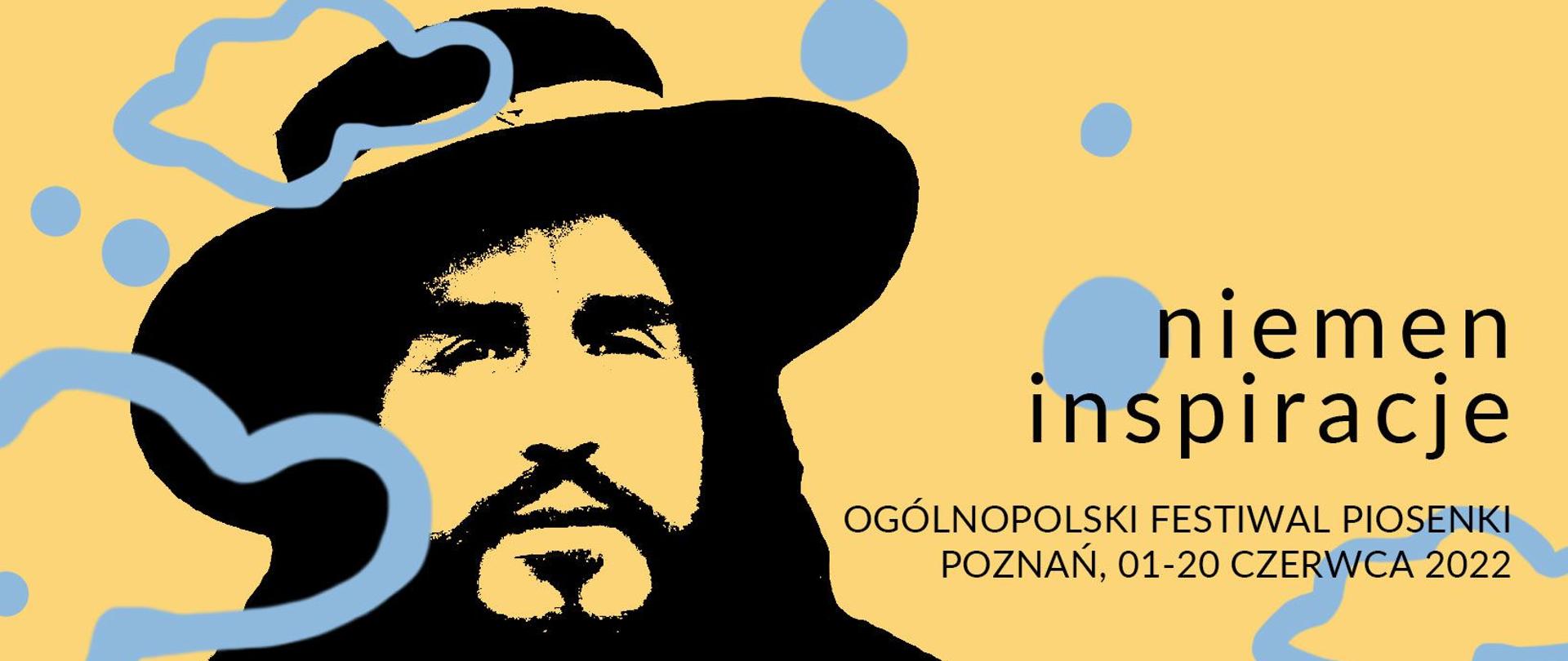 Ciemno żółte tło z niebieskimi chmurkami. Po lewej stronie czarny rysunek Czesława Niemena z napisem: niemen inspiracje OGÓLNOPOLSKI FESTIWAL PIOSENKI