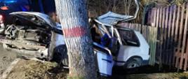 Na pierwszym planie pień drzewa. Za nim wrak samochodu osobowego koloru białego. Pora nocna.