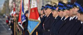 kompanie honorowe stojące na ulicy, zdjęcie zrobione z ukosa, częściowo rozmazane po prawej kompania straży pożarnej po lewej od nich 2 inne kompanie