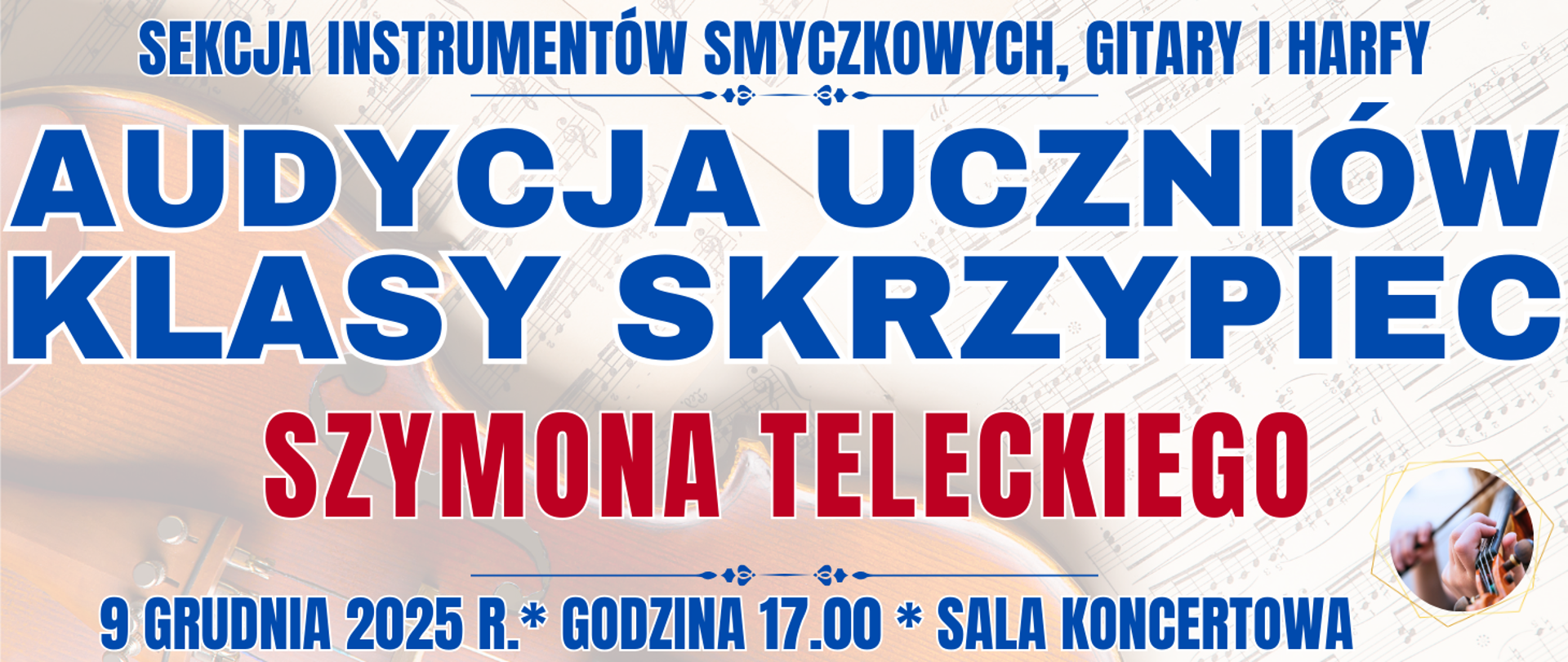 baner w tle skrzypce leżące na nutach oraz informacja o wydarzeniu