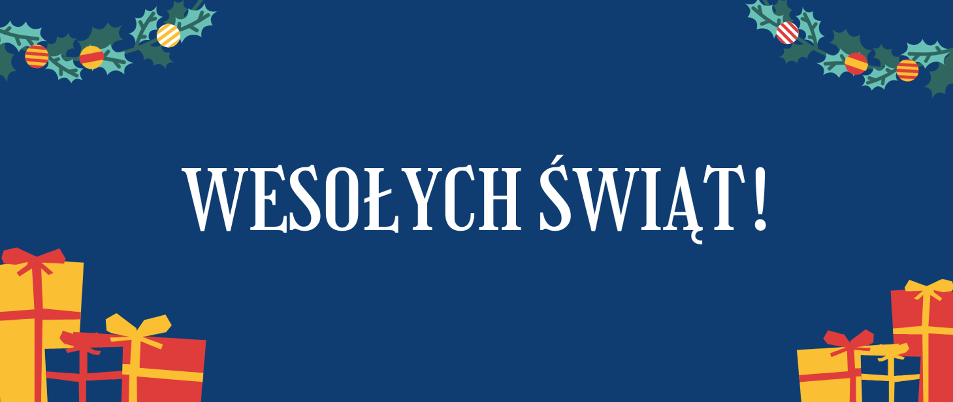 Tekst "Wesołych Świąt!" na granatowym tle. W prawym i lewym górnym rogu świąteczne kwiaty. W prawym i lewym dolnym rogu prezenty.
