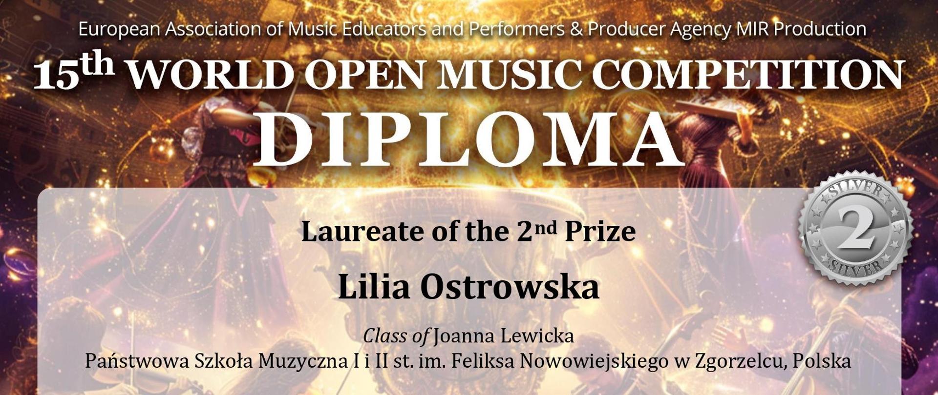 Dyplom uczennicy Lilii Ostrowskiej