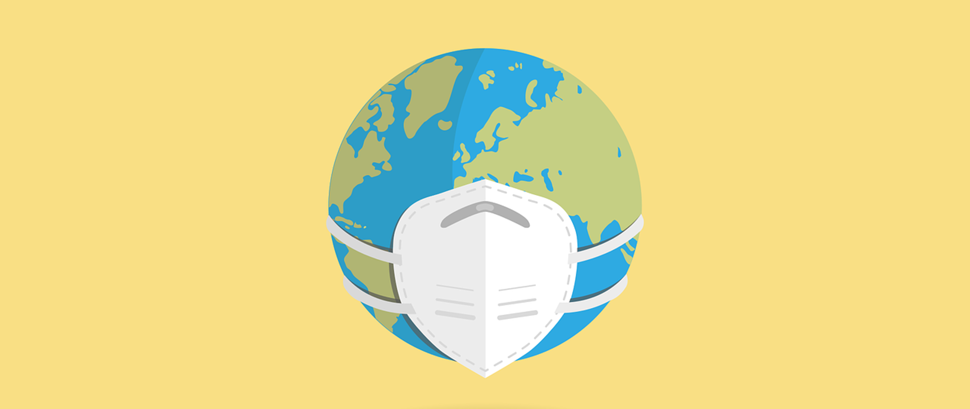 Żółte tło, planeta ziemia w kolorze, maseczka biała na planecie