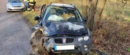 Rozbity samochód osobowy stoi na poboczu drogi. W tle radiowóz policyjny.