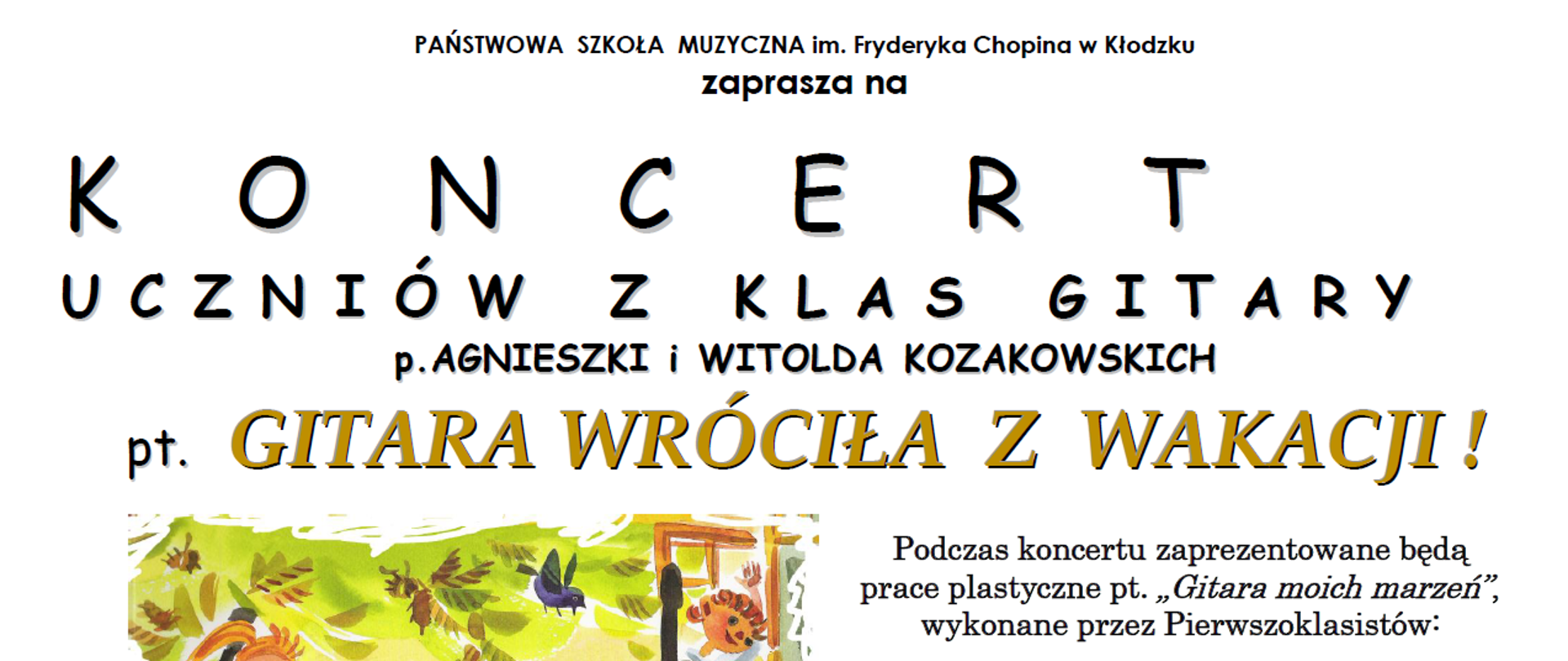 Plakat zapraszający na koncert uczniów klasy gitary „Gitara wróciła z wakacji!”, który odbędzie się 21 września 2026 r. o godz. 17:00 w Auli PSM przy ul. Kościuszki 8 w Kłodzku.