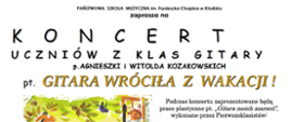 Plakat zapraszający na koncert uczniów klasy gitary „Gitara wróciła z wakacji!”, który odbędzie się 21 września 2026 r. o godz. 17:00 w Auli PSM przy ul. Kościuszki 8 w Kłodzku.