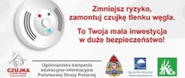 Plakat informujący o objawach zatrucia tlenkiem węgla: przyspieszona czynność serca, osłabienie, ból głowy, duszność, senność.
Zmniejsz ryzyko, zamontuj czujkę tlenku węgla.