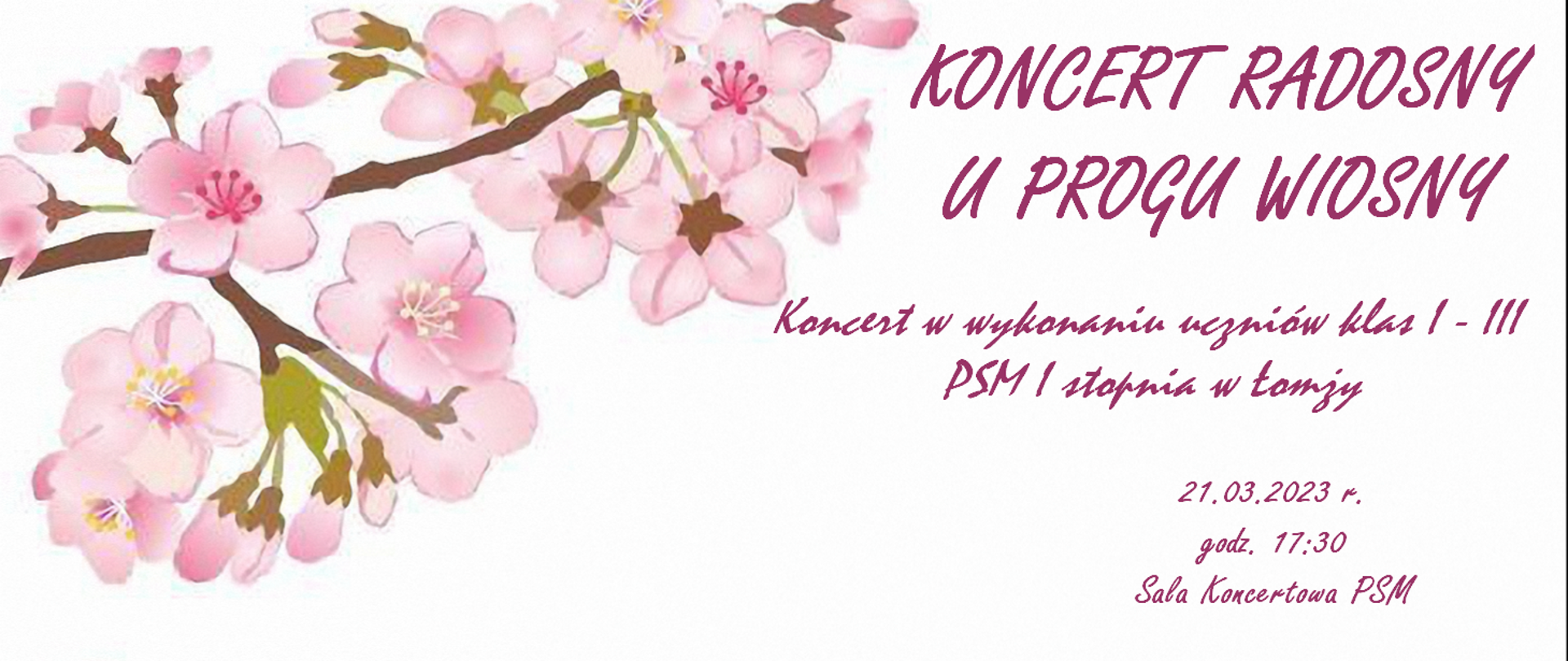 baner: białe tło - po lewej stronie u góry kwitnąca galązka wiśni, po prawej stronie informacje o koncercie