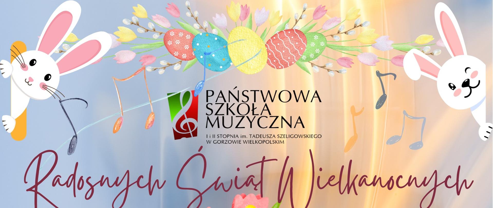 Na kolorowym tle z nutami białe króliczki w każdym rogu. Na dole, pośrodku żółty kurczak w skrzynce z czerwonymi tulipanami. Na środku logo szkoły, pod spodem napis: Radosnych świąt wielkanocnych.