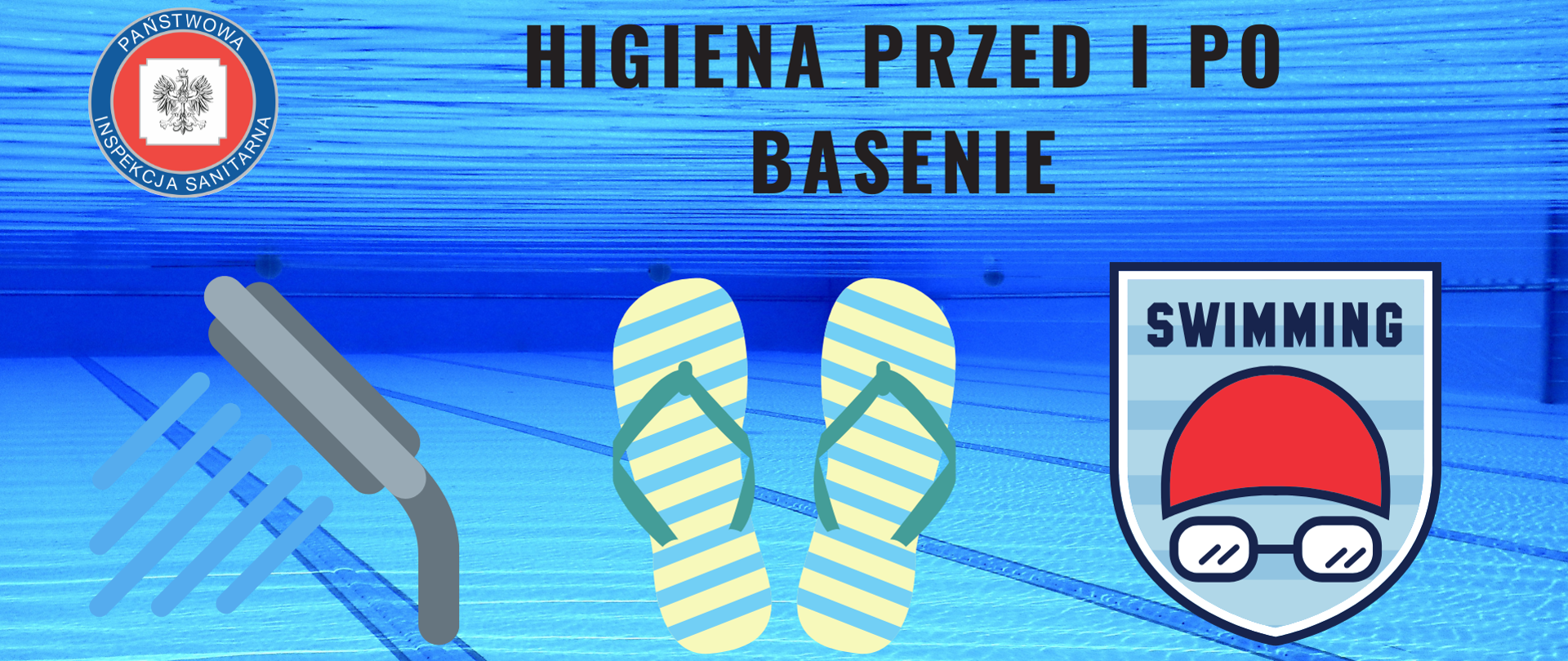 Grafika przedstawia kilka elementów, o których należy pamiętać podczas korzystania z kąpieli na basenie: prysznic przed i po, chodzenie w klapkach, używanie czepka i okularów pływackich