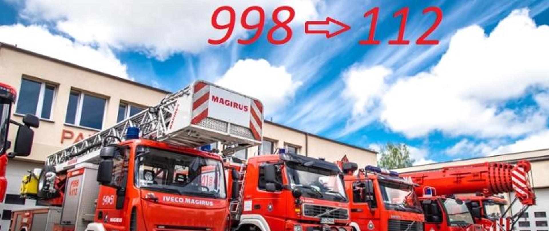 Grafika symbolizująca przełączanie numeru alarmowego 998 na 112, przedstawia pojazdy pożarnicze przez budynkiem strażnicy, nad pojazdami nadrukowane numery alarmowe 998 i 112 z strzałką symbolizującą przełączenie. 