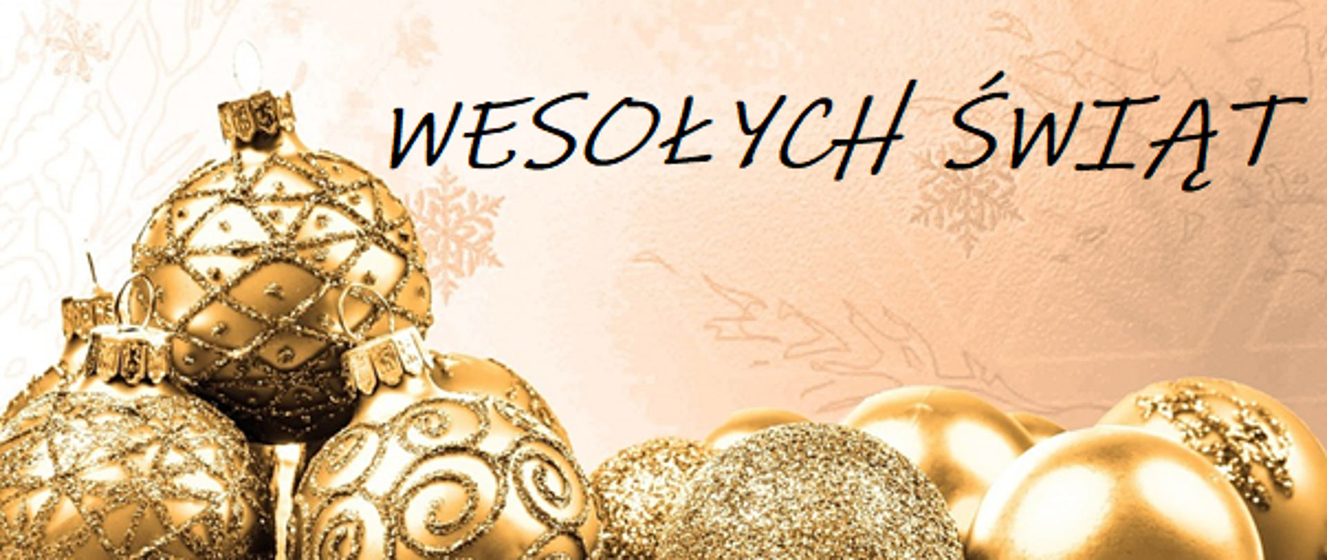 Złote tło z gwiazdkami, złote bombki, napis Wesołych Świąt