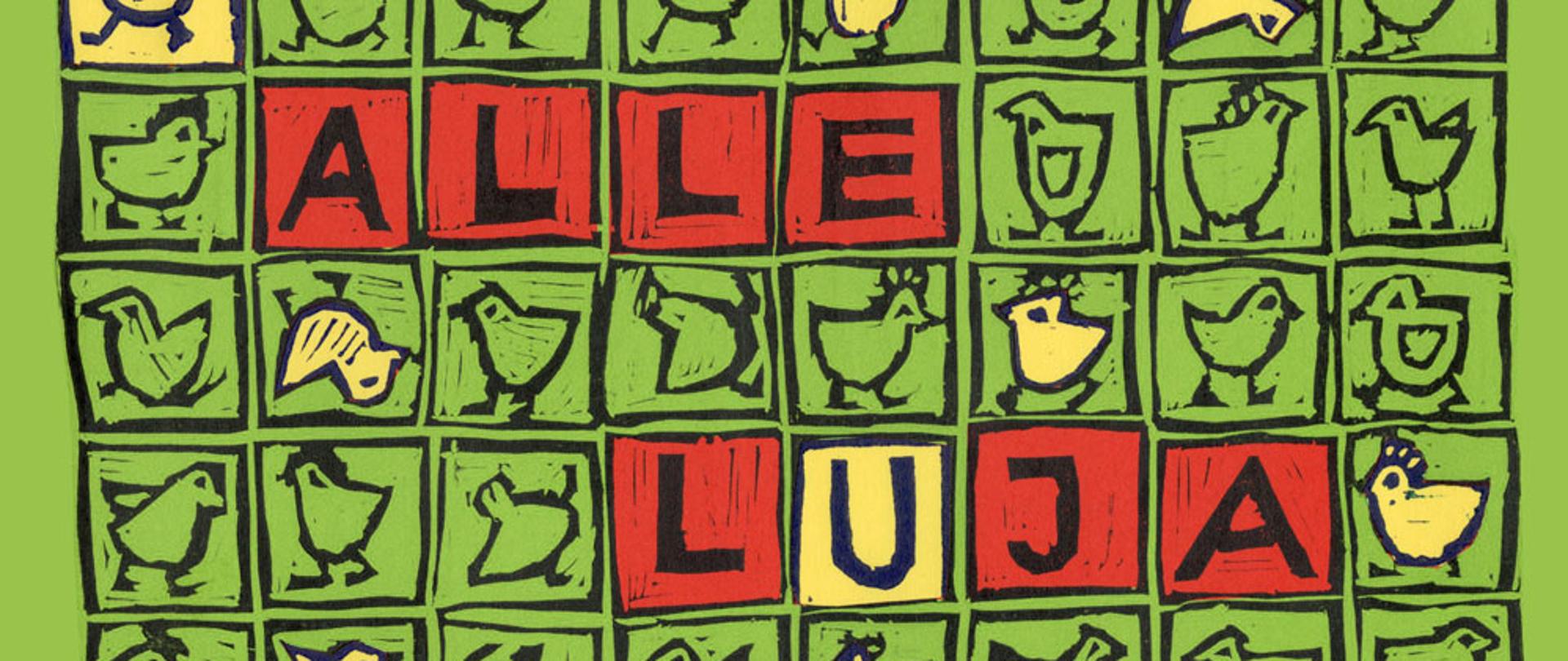 Karta świąteczna na zielonym tle stylizowane, uproszczone wizerunki kurczaków i napis ALLELUjA