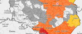 Na zdjęciu widoczna jest mapa Polski z zaznaczonymi obszarami ostrzeżeń hydrologicznych.