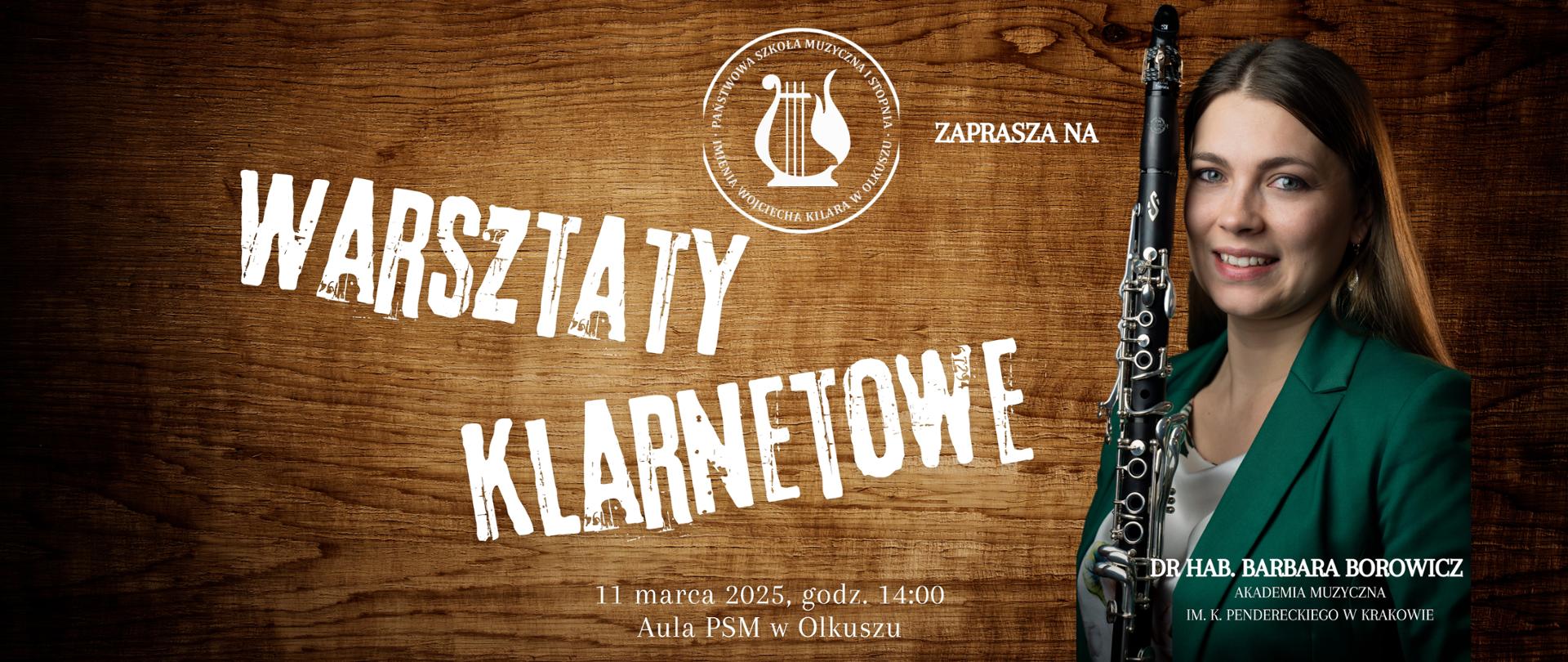 drewniane tło, białe napisy, zdjęcie prowadzącej warsztaty