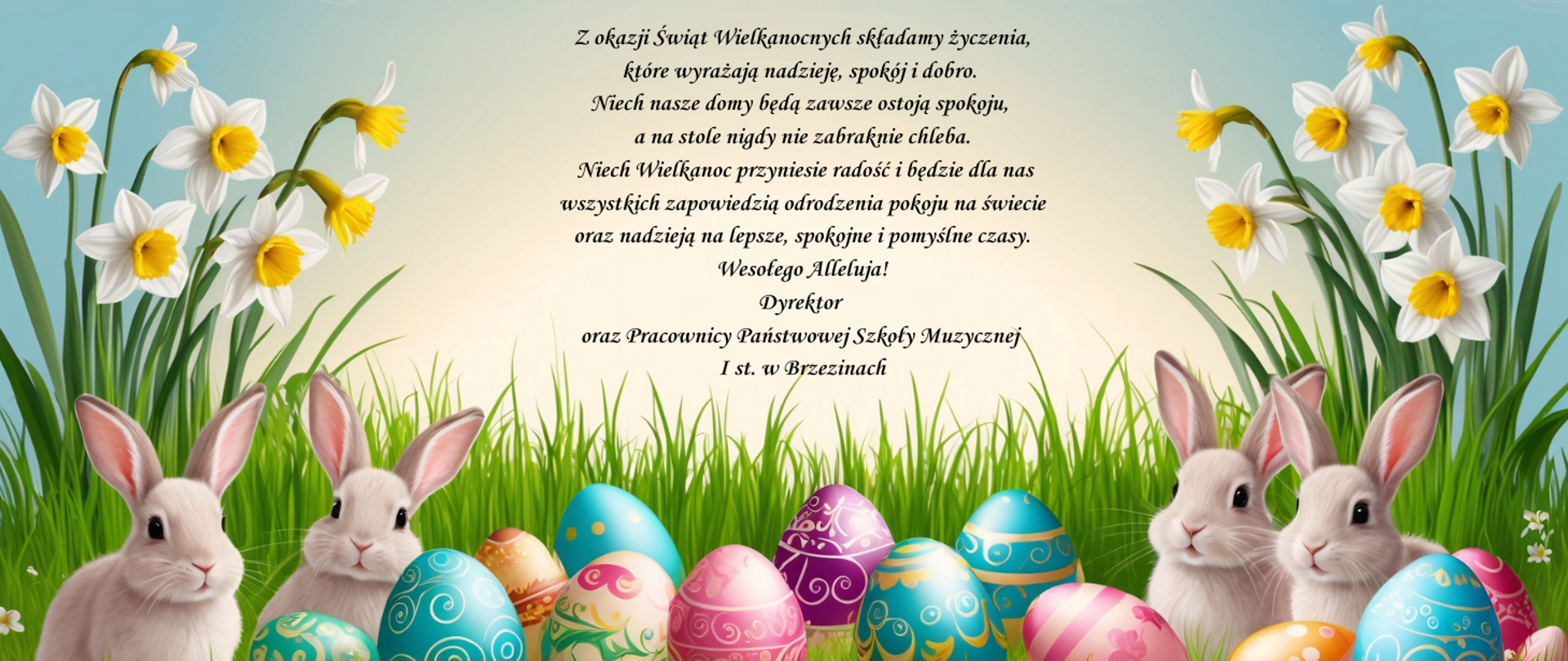 Grafika przedstawia na kolorowym tle napis z życzeniami. W dolnej części kolorowe jajeczka z czterema króliczkami. po obu stronach żonkile.