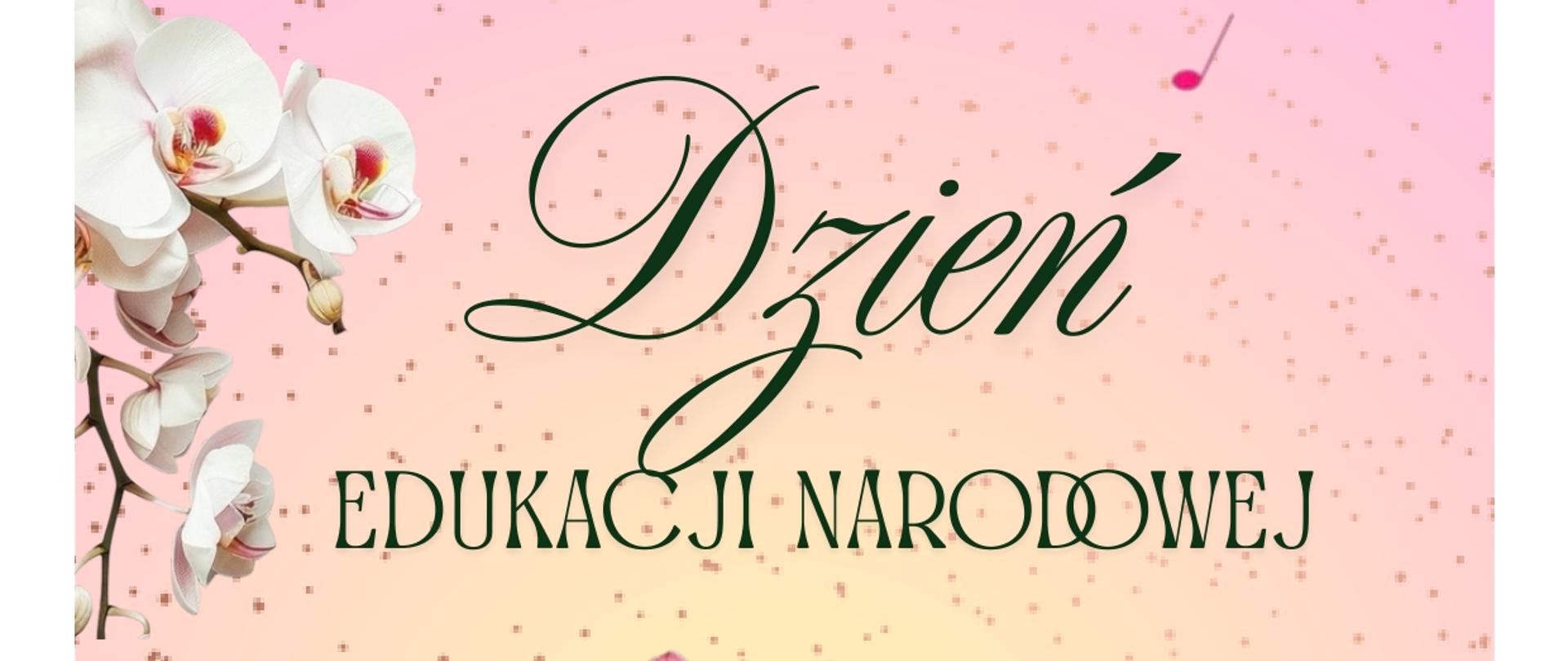 Różowe tło z kwiatami, tekst informujący o koncercie z okazji Dnia Edukacji Narodowej 14.10.2025 o godz. 14.00