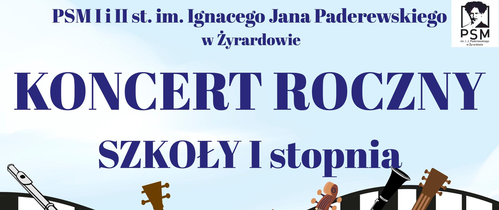 plakat, jasne tło, pośrodku na tle grafiki fortepianu instrumenty strunowe, poniżej różowe kwiaty, napisy granatowe