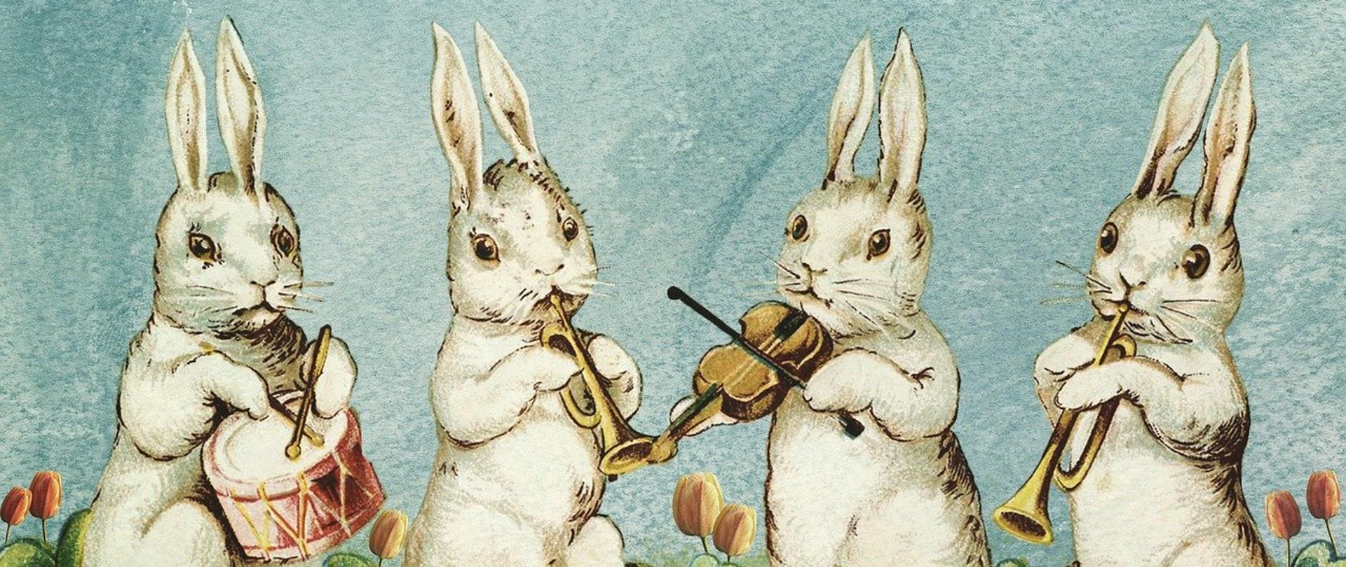 Wielkanocne zajączki grające na instrumentach.