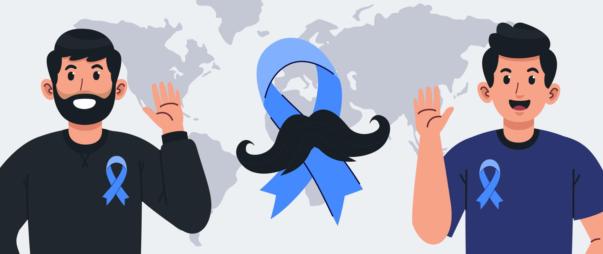 Zdjęcie przedstawia dwóch mężczyzn. Na ich koszulkach widnieją niebieskie kokardki, co obok wąsów stanowi symbol listopada. Ten miesiąc co roku poświęcony jest zdrowiu mężczyzn.