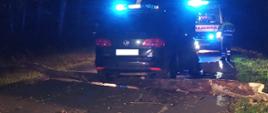 samochód stoi środku drogi a drzewo leży pod pojazdem w oddali widać Karetkę Pogotowia Ratunkowego, wokół las.