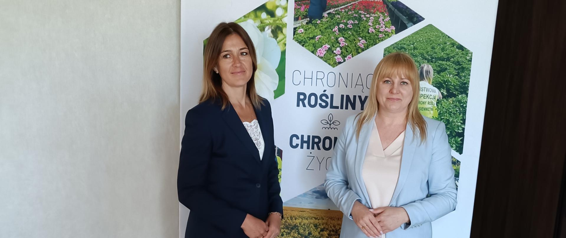 Na zdjęciu w jasnym, minimalistycznym wnętrzu stoją dwie kobiety ubrane w eleganckie garnitury biznesowe. Kobieta po lewej ma ciemne, sięgające ramion włosy i granatowy garnitur z białą bluzką. Stoi bokiem do aparatu, z dłońmi złożonymi przed sobą, lekko się uśmiechając. Kobieta po prawej ma jasne blond włosy z grzywką i ubrana jest w jasnoniebieski garnitur oraz kremową bluzkę. Również stoi z rękami złożonymi przed sobą i patrzy w stronę obiektywu. Obie osoby znajdują się przed dużym stojącym banerem informacyjnym. Na banerze widoczne są napisy w języku polskim dotyczące Wojewódzkiego Inspektoratu Ochrony Roślin i Nasiennictwa w Bydgoszczy oraz Państwowej Inspekcji Ochrony Roślin i Nasiennictwa. Baner zawiera zdjęcia roślin, pól uprawnych i kwiatów, utrzymane w zielono-białej kolorystyce. W tle po lewej stronie znajduje się pusta jasna ściana, a podłogę pokrywają jasne drewniane panele. Całość sprawia wrażenie oficjalnego spotkania lub wydarzenia branżowego związanego z rolnictwem i ochroną roślin.