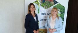 Na zdjęciu w jasnym, minimalistycznym wnętrzu stoją dwie kobiety ubrane w eleganckie garnitury biznesowe. Kobieta po lewej ma ciemne, sięgające ramion włosy i granatowy garnitur z białą bluzką. Stoi bokiem do aparatu, z dłońmi złożonymi przed sobą, lekko się uśmiechając. Kobieta po prawej ma jasne blond włosy z grzywką i ubrana jest w jasnoniebieski garnitur oraz kremową bluzkę. Również stoi z rękami złożonymi przed sobą i patrzy w stronę obiektywu. Obie osoby znajdują się przed dużym stojącym banerem informacyjnym. Na banerze widoczne są napisy w języku polskim dotyczące Wojewódzkiego Inspektoratu Ochrony Roślin i Nasiennictwa w Bydgoszczy oraz Państwowej Inspekcji Ochrony Roślin i Nasiennictwa. Baner zawiera zdjęcia roślin, pól uprawnych i kwiatów, utrzymane w zielono-białej kolorystyce. W tle po lewej stronie znajduje się pusta jasna ściana, a podłogę pokrywają jasne drewniane panele. Całość sprawia wrażenie oficjalnego spotkania lub wydarzenia branżowego związanego z rolnictwem i ochroną roślin.