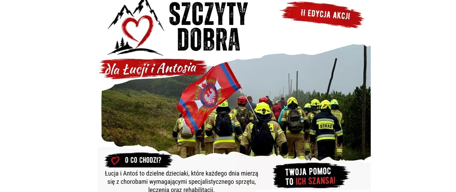 Grupa strażaków w mundurach maszeruje pod górę niosąc flagę, w ramach wydarzenia charytatywnego o nazwie „Szczyty Dobra”, aby wesprzeć dwoje dzieci o imionach Lucia i Antosia.
Pierwszy plan
Strażacy w żółto-czarnych mundurach, niektórzy z plecakami, niosący czerwoną flagę z herbem, maszerują po górskiej ścieżce.
Tło
Mglista górska panorama z zielonymi wzgórzami i odległymi szczytami pod zachmurzonym niebem.
Tematy
strażacy
Działania
marsz pod górę w szeregu, niosąc flagę, uczestniczenie w charytatywnej wędrówce.
Atmosfera
zdeterminowany, pełen nadziei, wspierający, charytatywny.
Ustawienie
górska ścieżka, dzień, prawdopodobnie jesień lub wiosna.
Styl
realistyczne zdjęcie