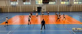 Zdjęcie przedstawia strażaków grających w piłkę siatkową na hali sportowej. 