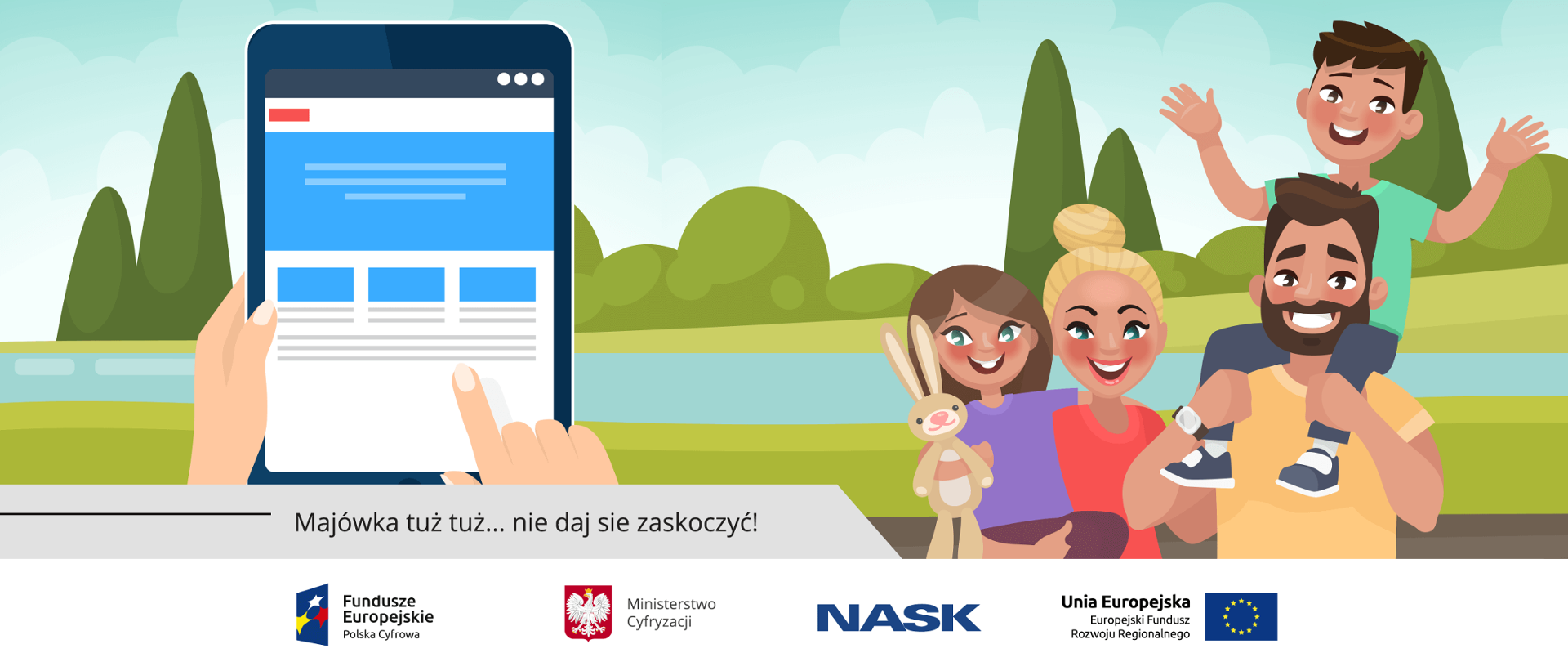 Grafika przedstawiająca uśmiechniętą rodzinę oraz tablet.
