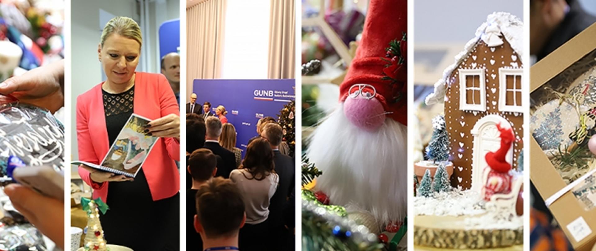 Kolaż sześciu zdjęć: osoba z prezentem z napisem „Wesołych”, osoba z książką, publiczność przed sceną z logotypem GUNB, dekoracje świąteczne z czapką Mikołaja, piernikowy domek oraz ozdobne opakowanie z dekoracją.