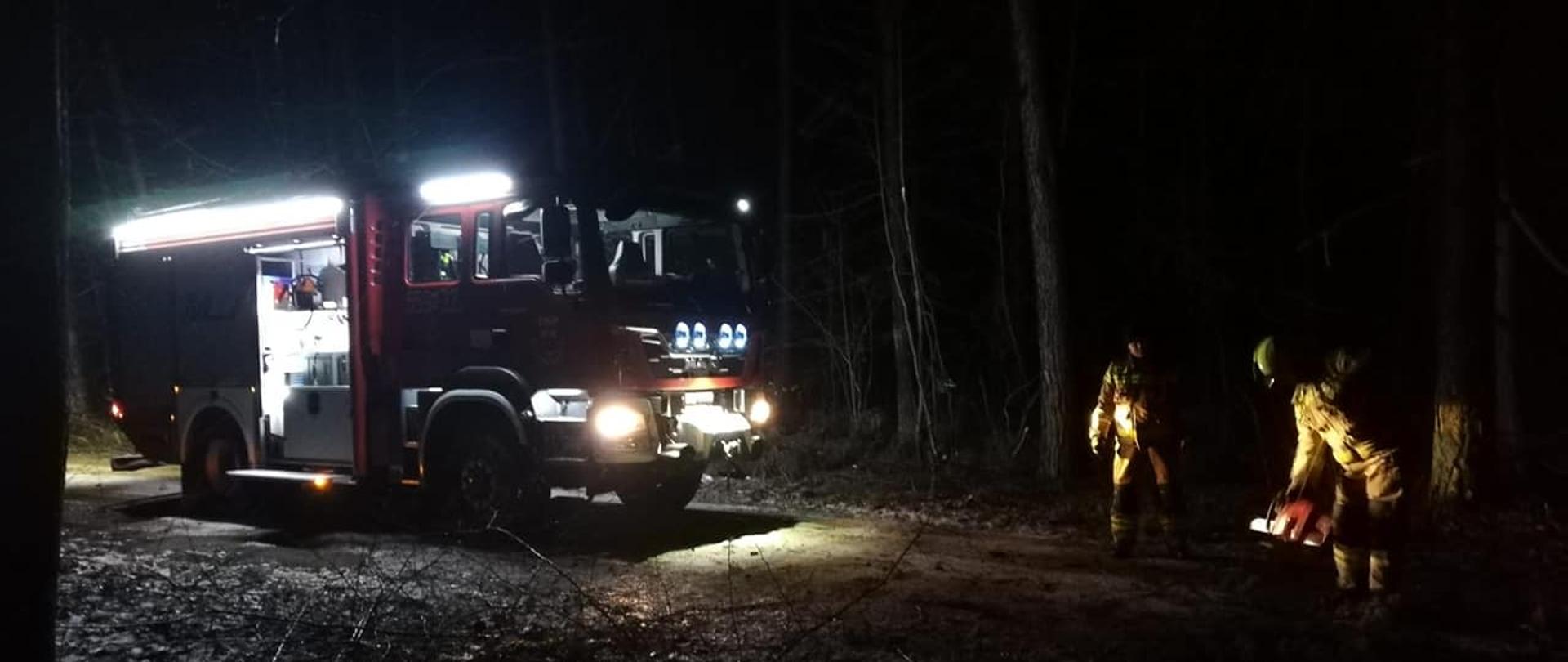 Zdjęcie przedstawia strażaków usuwających przewrócone drzewo z drogi