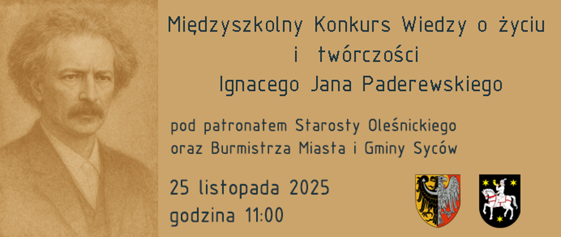 Napisy na beżowym tle. Po lewej popiersie patrona. W prawym dolnym rogu herby patronów konkursu.