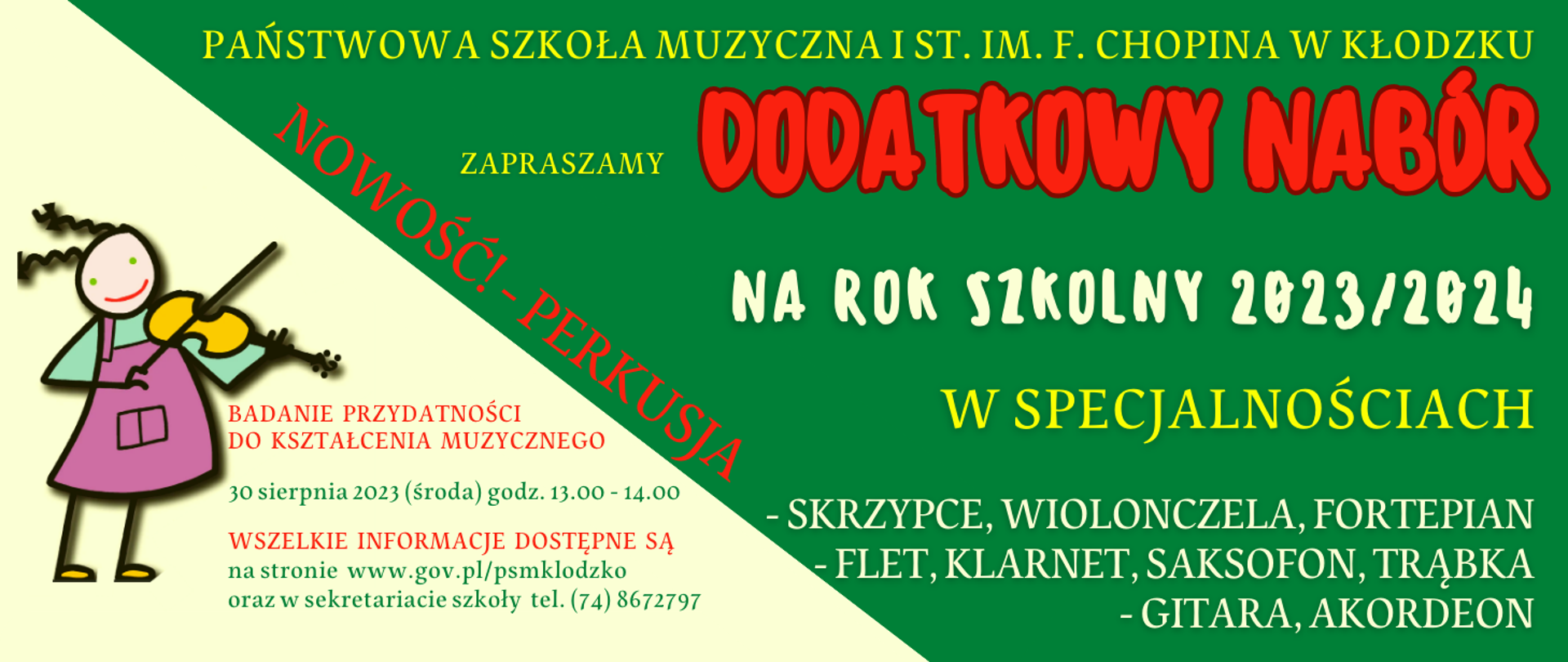 Plakat w zółto-zielonej kolorystyce z grafiką dziewczynki grającej na skrzypcach po lewej stronie, oraz szczegółową informacją tekstowa o naborze do szkoły muzycznej 