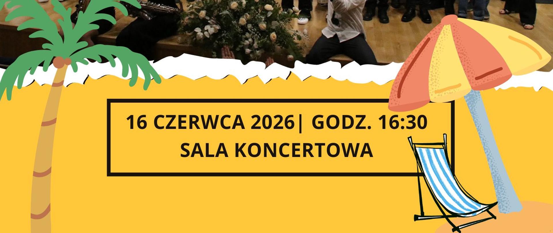 plakat z palmą, parasolem i leżakiem