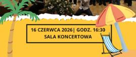 plakat z palmą, parasolem i leżakiem