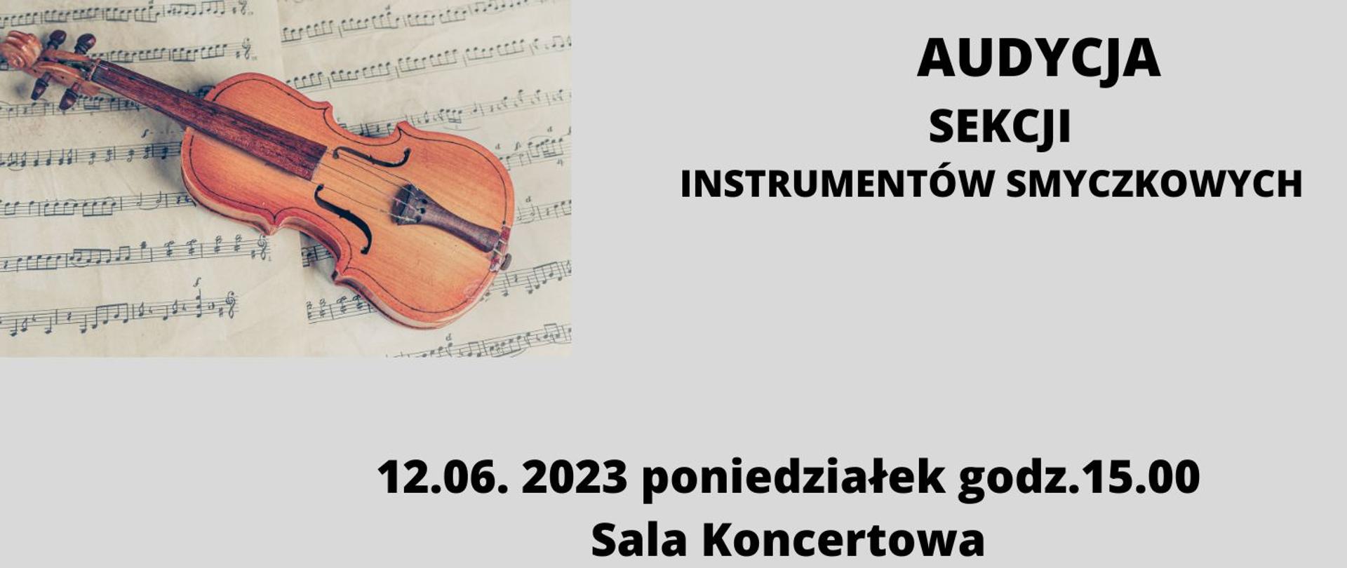 W prawym górnym rogu obraz przedstawiający skrzypce, po lewej stronie napis "Audycja sekcji smyczkowej" na dole data i miejsce wydarzenia