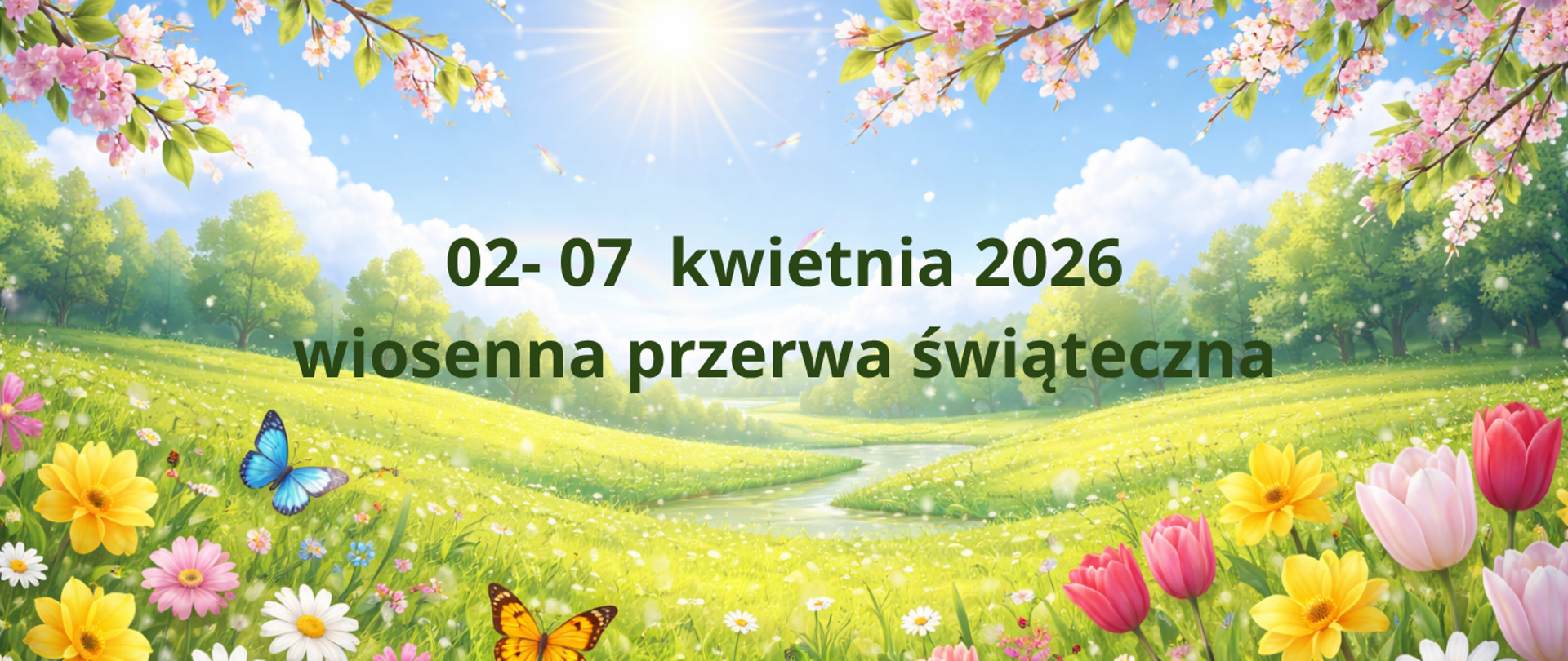 Wiosenna ilustracja przedstawiająca słoneczną łąkę pełną kolorowych kwiatów (tulipany, stokrotki, żółte i różowe kwiaty) oraz motyli. W tle widoczny jest delikatnie wijący się strumień, zielone drzewa i błękitne niebo z promieniami słońca. U góry kadru gałęzie drzew z różowymi kwiatami. Na środku grafiki znajduje się zielony napis: „02–07 kwietnia 2026 – wiosenna przerwa świąteczna”.