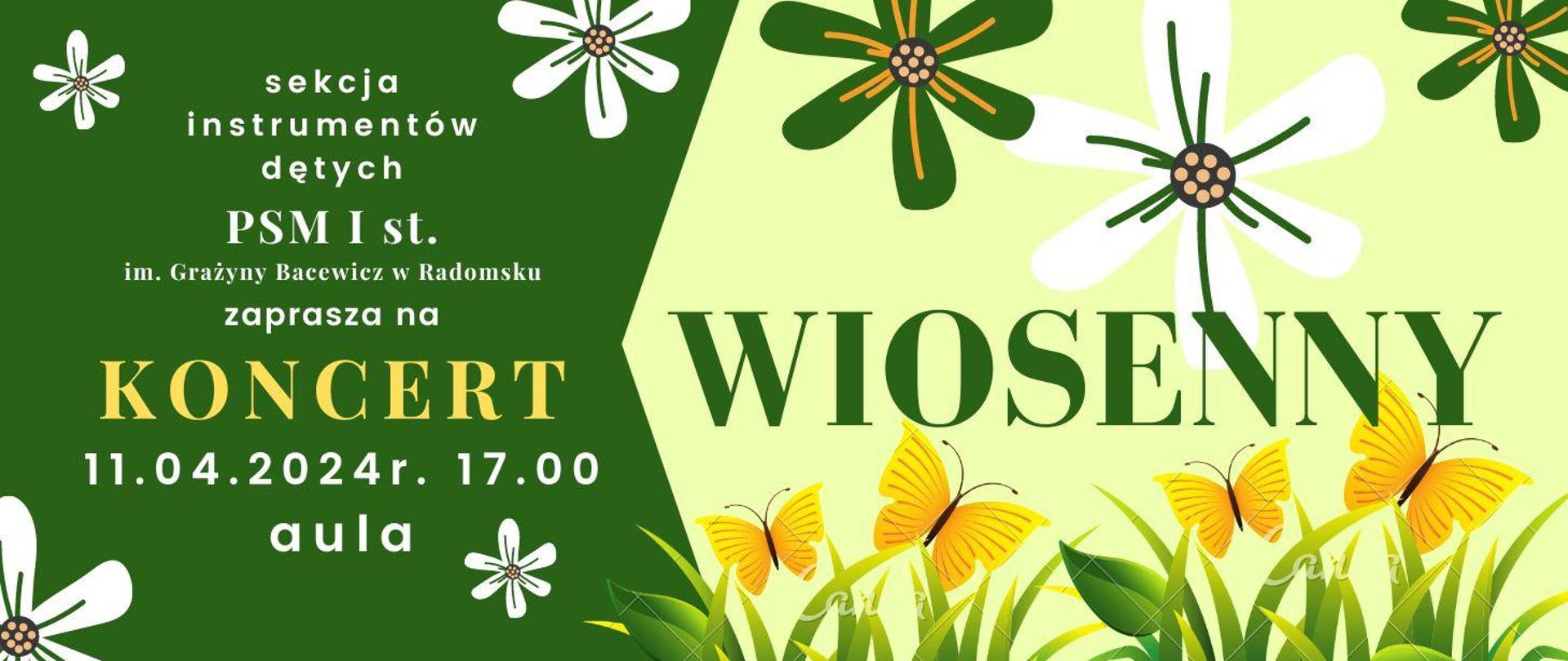 Na żółtym i zielonym tle znajdują sie napisy informacyjne w kolorze białym, żółtym, zielonym oraz grafiki kwiatów ( w kolorach białym, zielonym, pomarańczowym), traw ( w kolorze zielonym), motyli ( w kolorze żółtym). 