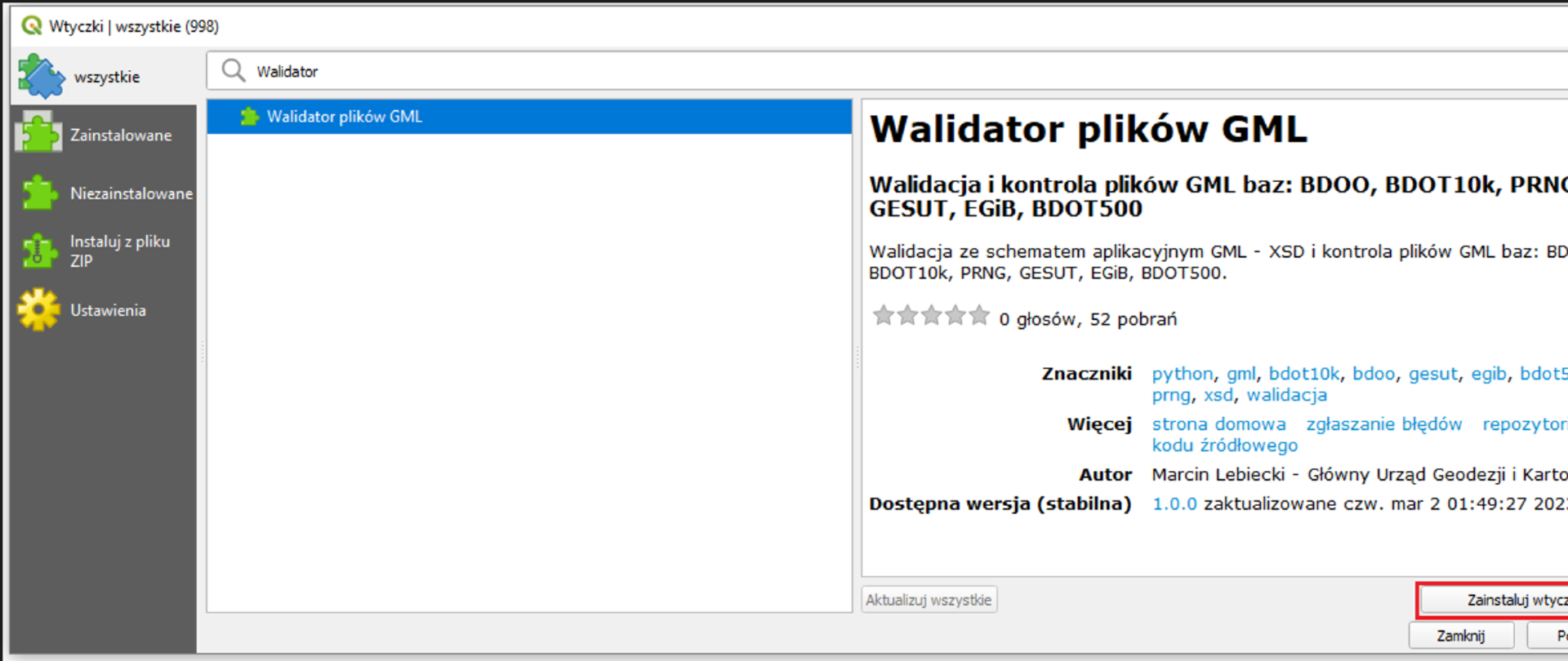 Zrzut ekranu przedstawiający instalację wtyczki Walidator plikow GML w oprogramowaniu QGIS