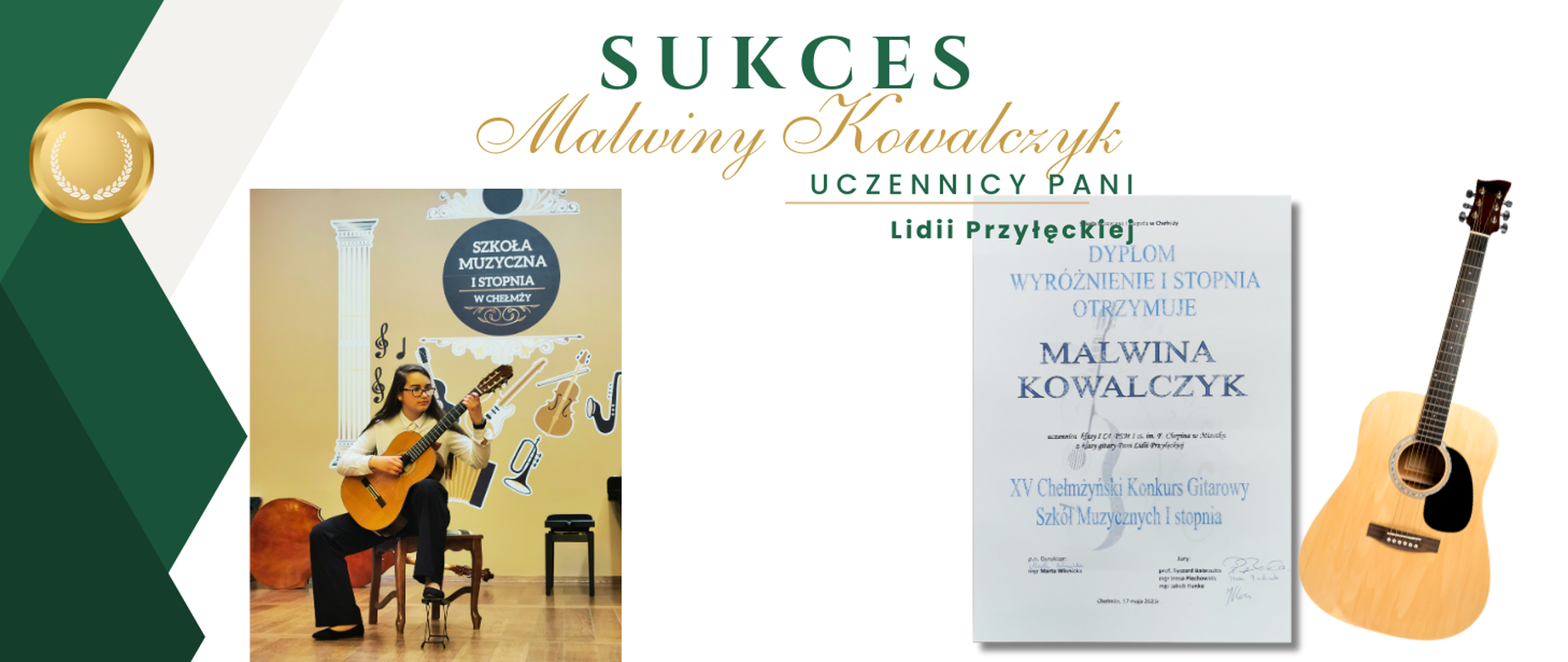 Dwa zdjęcia przedstawiające od lewej uczennice podczas przesłuchań konkursowych, dyplom dla Malwiny Kowalczyk przygotowanej przez Panią Lidię Przyłęcką.