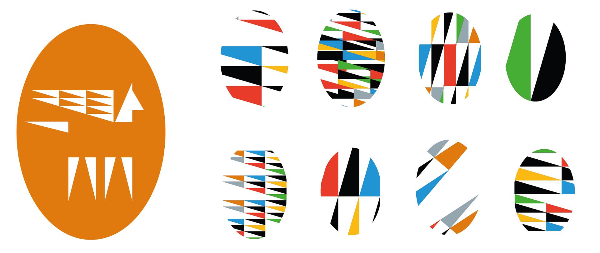 Grafika przedstawia dziewięć świątecznych pisanek. Po lewej stronie znajduje się jedna większa pisanka w kolorze pomarańczowym z wkomponowanym białym mitologicznym pegazem - logiem szkoły. Dalej po prawej stronie znajduje się osiem pisanek, dwa rzędy po cztery sztuki. Pisanki te skomponowane są z różnokolorowych trójkątów nawiązujących do skrzydła pegaza z loga szkoły. Tło grafiki jest białe.