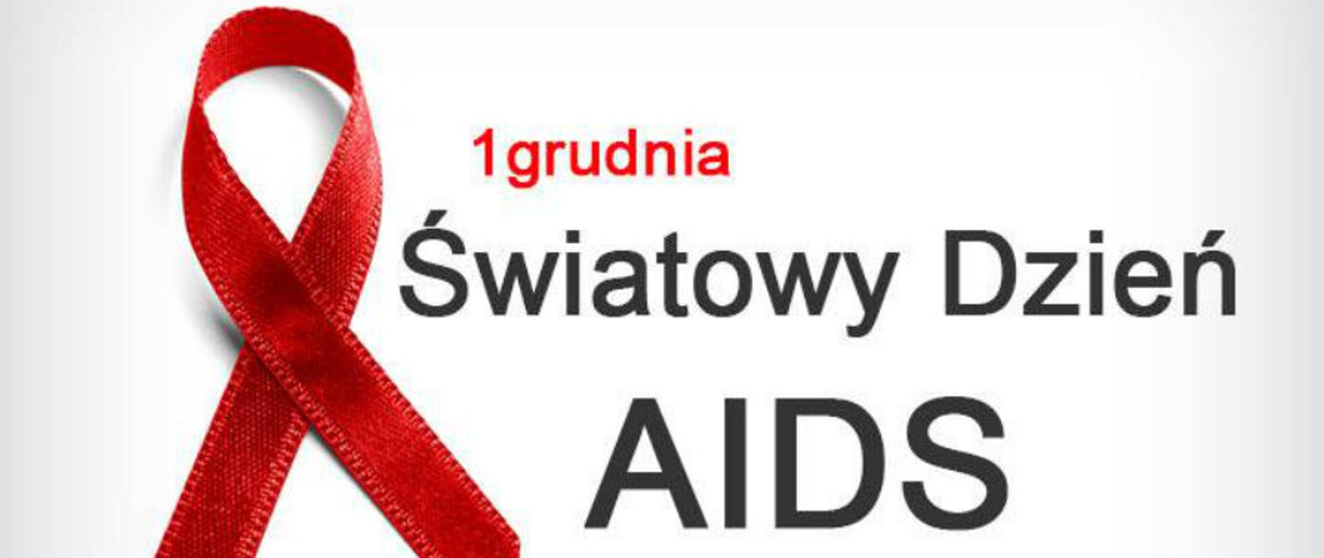 Grafika z czerwoną wstążką na białym tle i napis 1 grudnia Światowy Dzień AIDS