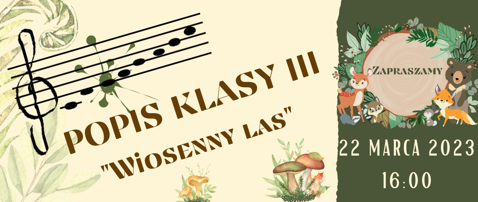 Plakat, na kolorowym tle z motywem kwiatowym informacja o popisie 22.03.2023r. godz. 16.00