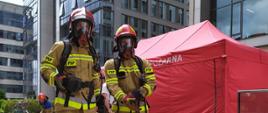Strażacy Państwowej Straży Pożarnej w umundurowaniu specjalnym typu nomex oraz w aparatach oddechowych stoją gotowi do startu. 